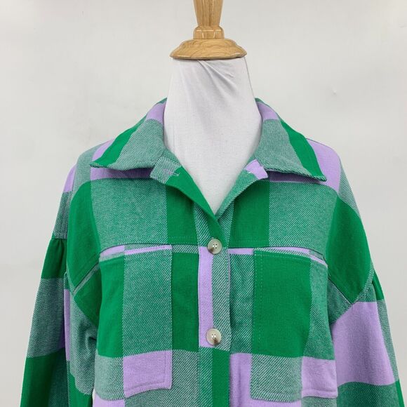 Sanctuary Plaid Button Top Womens XS Pine Check Pocket Detail Cotton Loose Crop - Picture 3 of 13